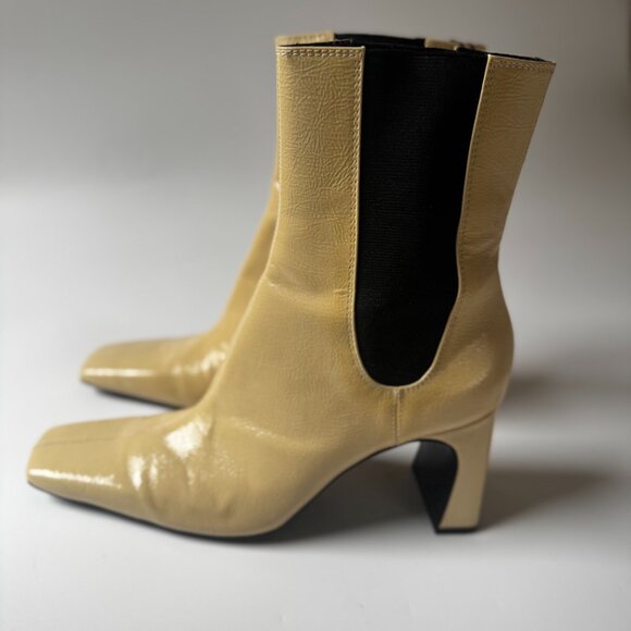 New ZARA Leather Patent Beige High Heel Ankle Boots Bootie Elastic Square toe 7 - Picture 11 of 11